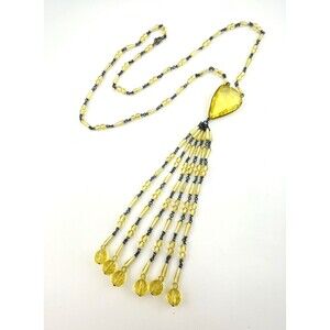 Art Deco Uranium Glass Flapper Necklace Tassel Vaseline Glass 25 In Rosary Chain